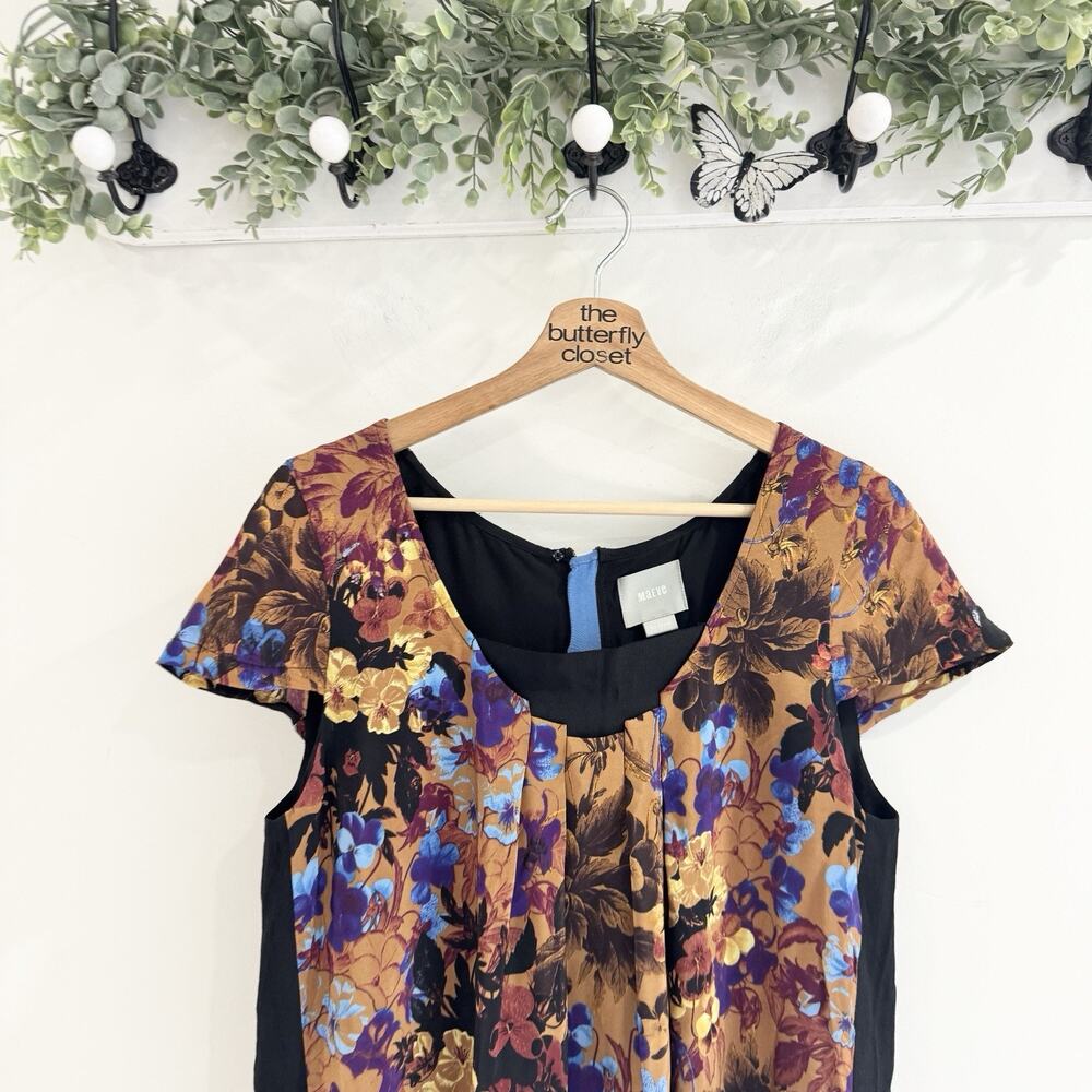 anthropologie Pintura Silk Shift Dress Dark Floral Cap Sleeve Medium FF10 - Picture 3 of 5